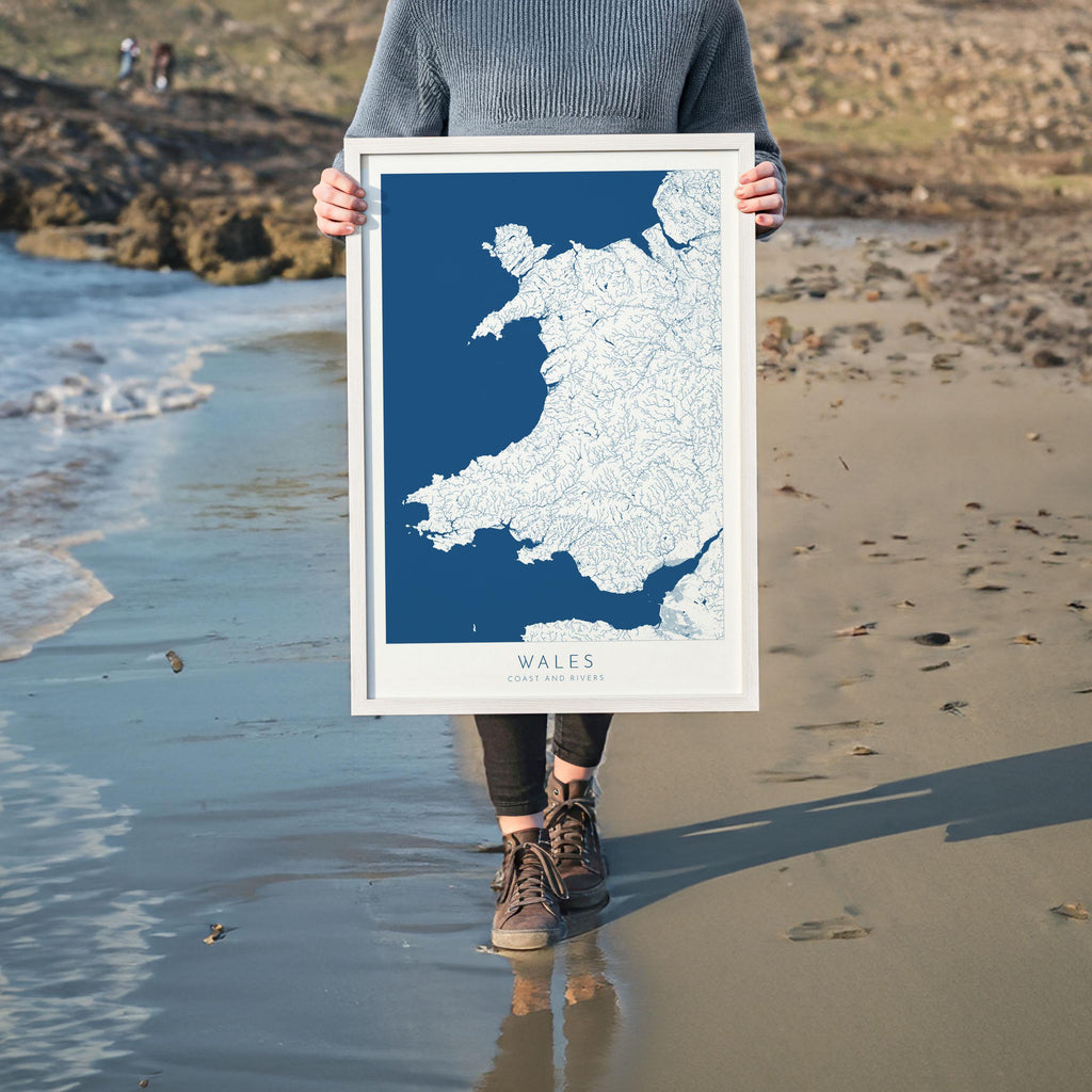 Wales Map Art - Wales Coast and Rivers Map, Wales Coastline and Rivers Art, Wales Art Poster