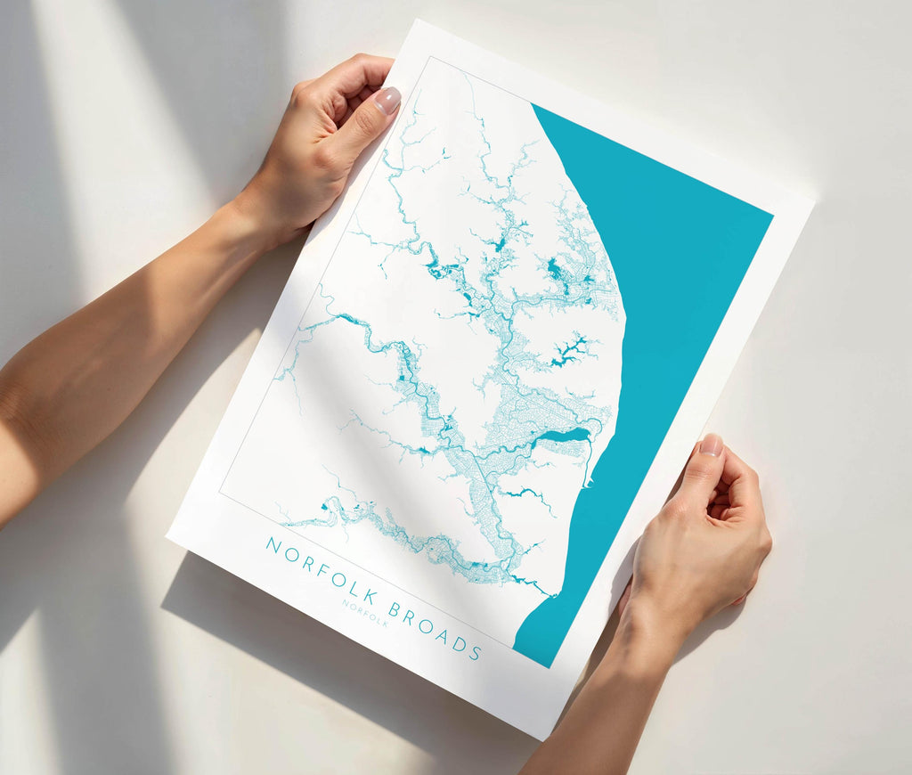 Norfolk Broads Map Art- Norfolk Broads Print, Norfolk Map, Norfolk UK, Map Art, River Art, Norfolk Coast, Norfolk Beaches, Great Yarmouth