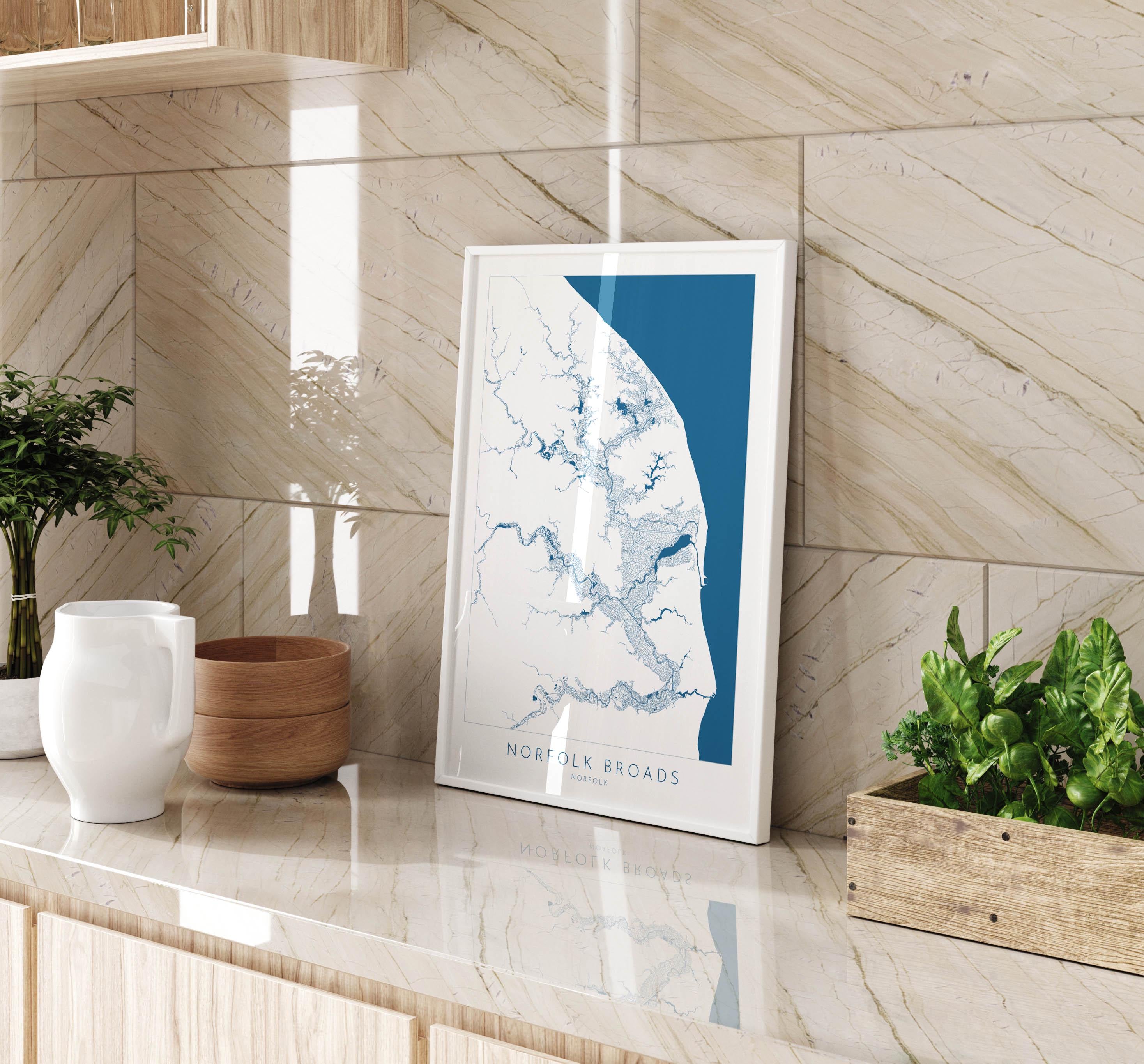 Norfolk Broads Map Art- Norfolk Broads Print, Norfolk Map, Norfolk UK, Map Art, River Art, Norfolk Coast, Norfolk Beaches, Great Yarmouth