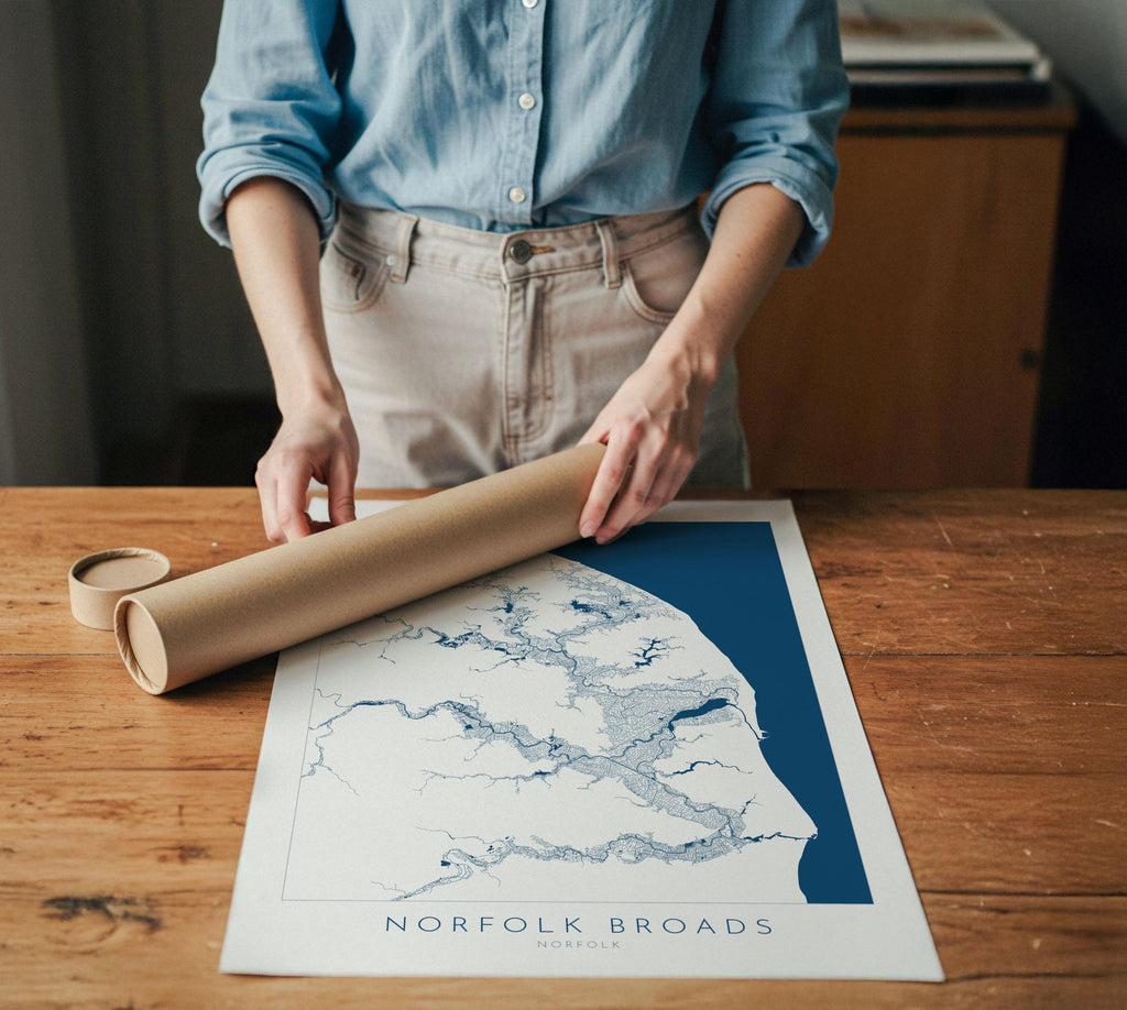Norfolk Broads Map Art- Norfolk Broads Print, Norfolk Map, Norfolk UK, Map Art, River Art, Norfolk Coast, Norfolk Beaches, Great Yarmouth