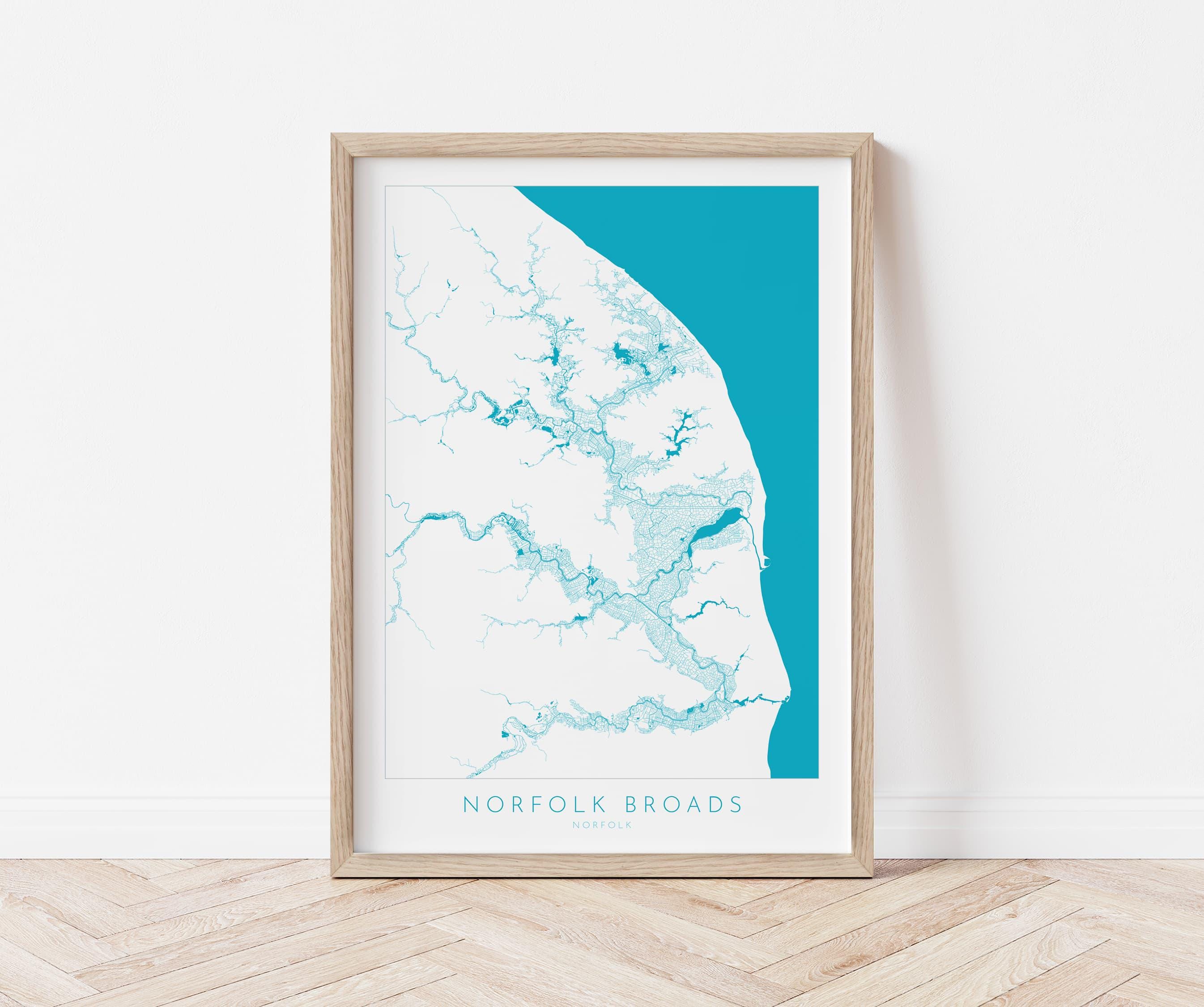 Norfolk Broads Map Art- Norfolk Broads Print, Norfolk Map, Norfolk UK, Map Art, River Art, Norfolk Coast, Norfolk Beaches, Great Yarmouth