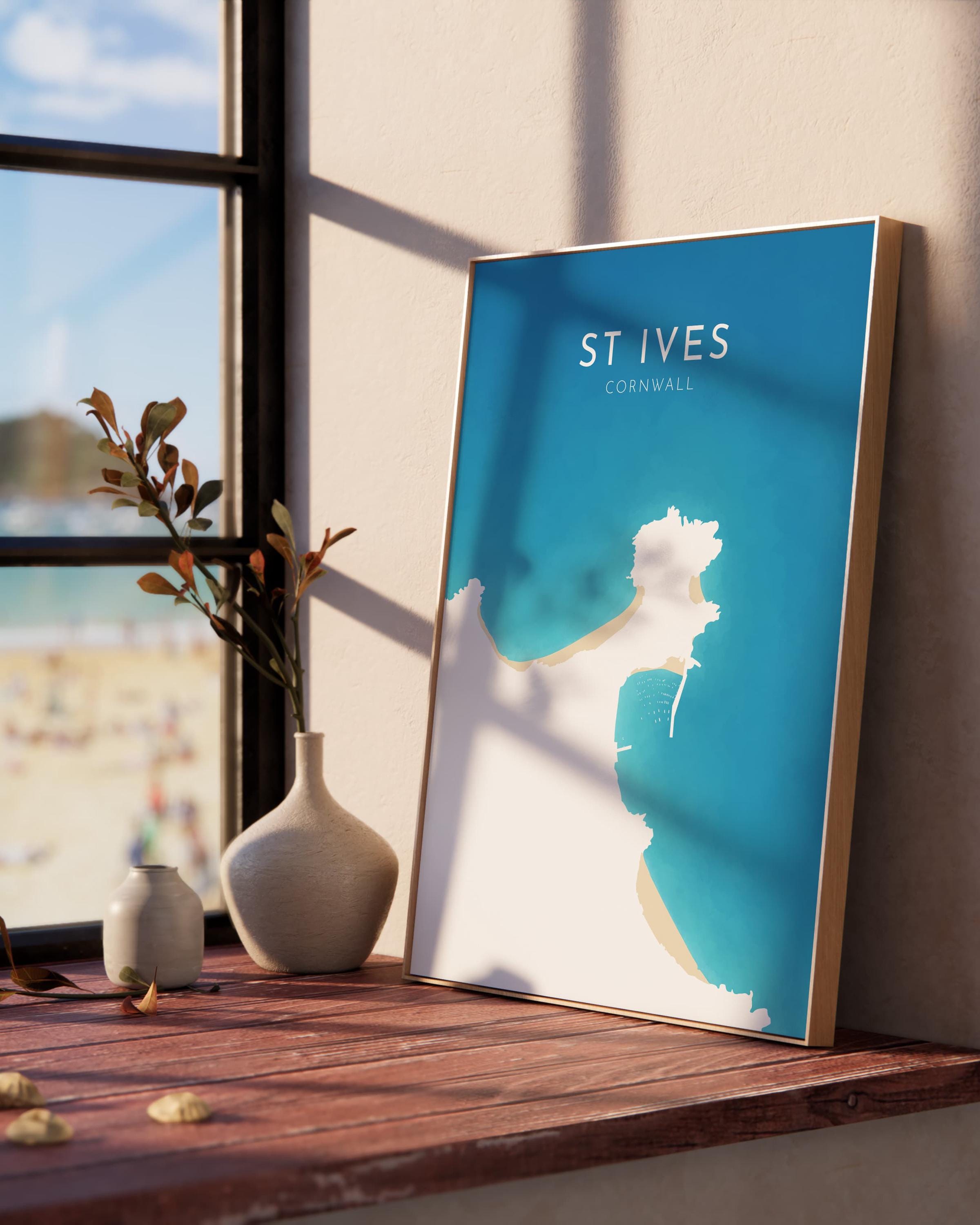 St Ives Map Art - St Ives Beach Print, St Ives Print, Cornwall Art, Cornwall Beach Art, Cornwall Coast Travel Poster, Southwest Coast Path