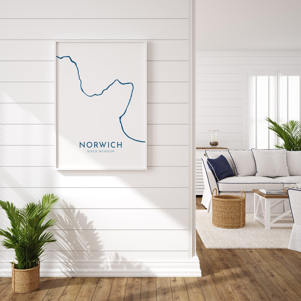 Norwich Map Art - Norfolk Map Art, Norwich UK Art, River Wensum Map, Norfolk Travel Print, Nautical Décor, City Map Art, UK Cities
