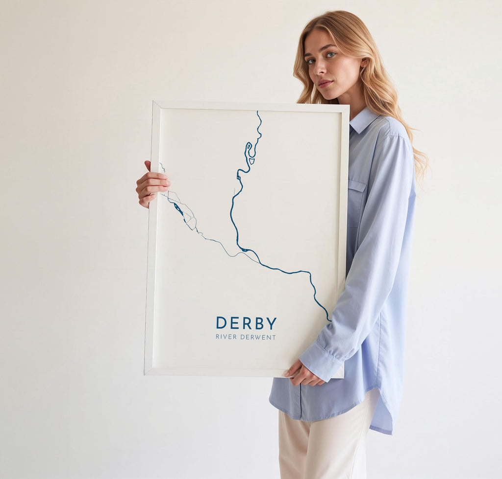 Derby Map Art - River Derwent Map, Derby City Art, Derbyshire Map, Derby UK Map, Nautical Décor, City Map Art, UK Cities