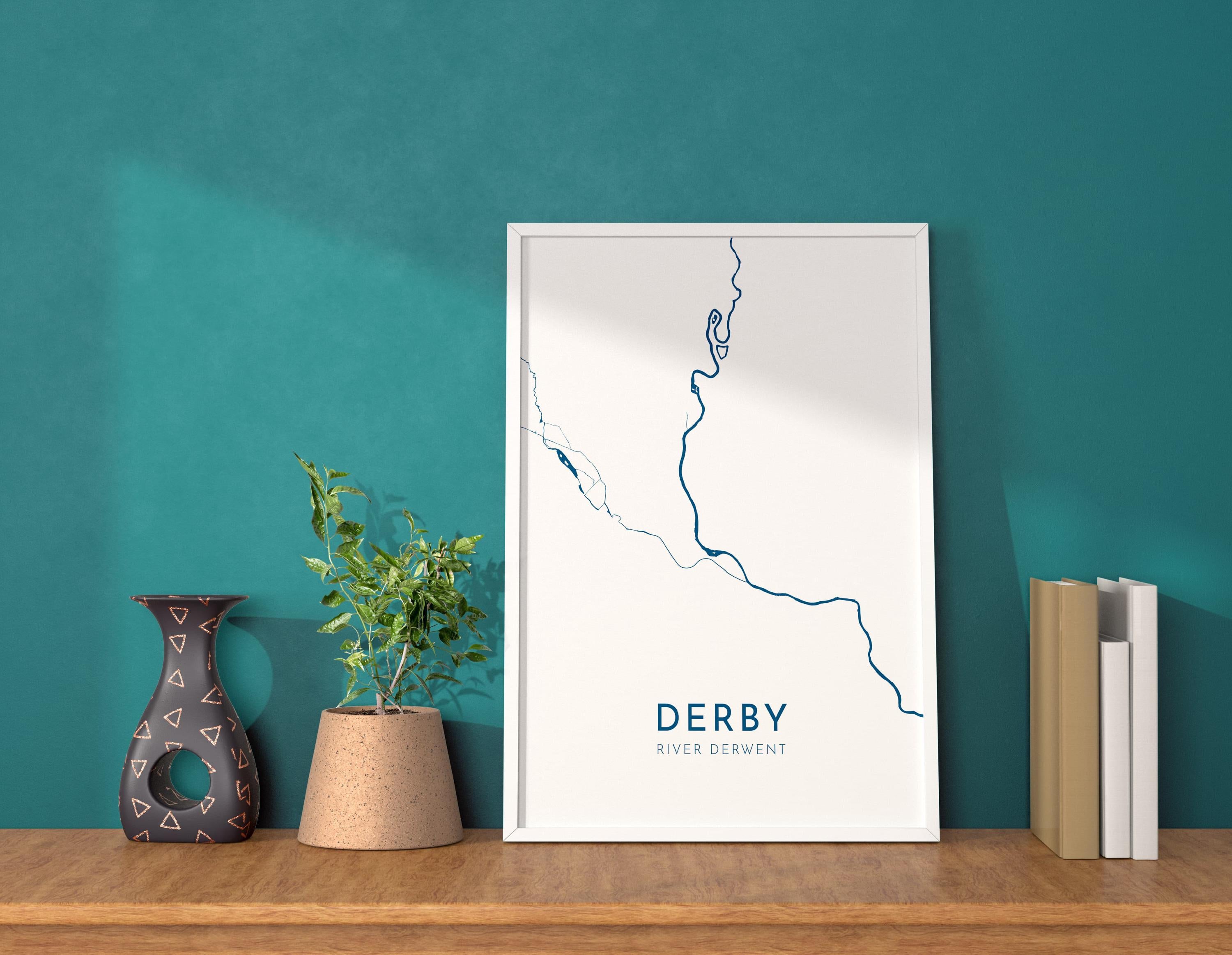 Derby Map Art - River Derwent Map, Derby City Art, Derbyshire Map, Derby UK Map, Nautical Décor, City Map Art, UK Cities