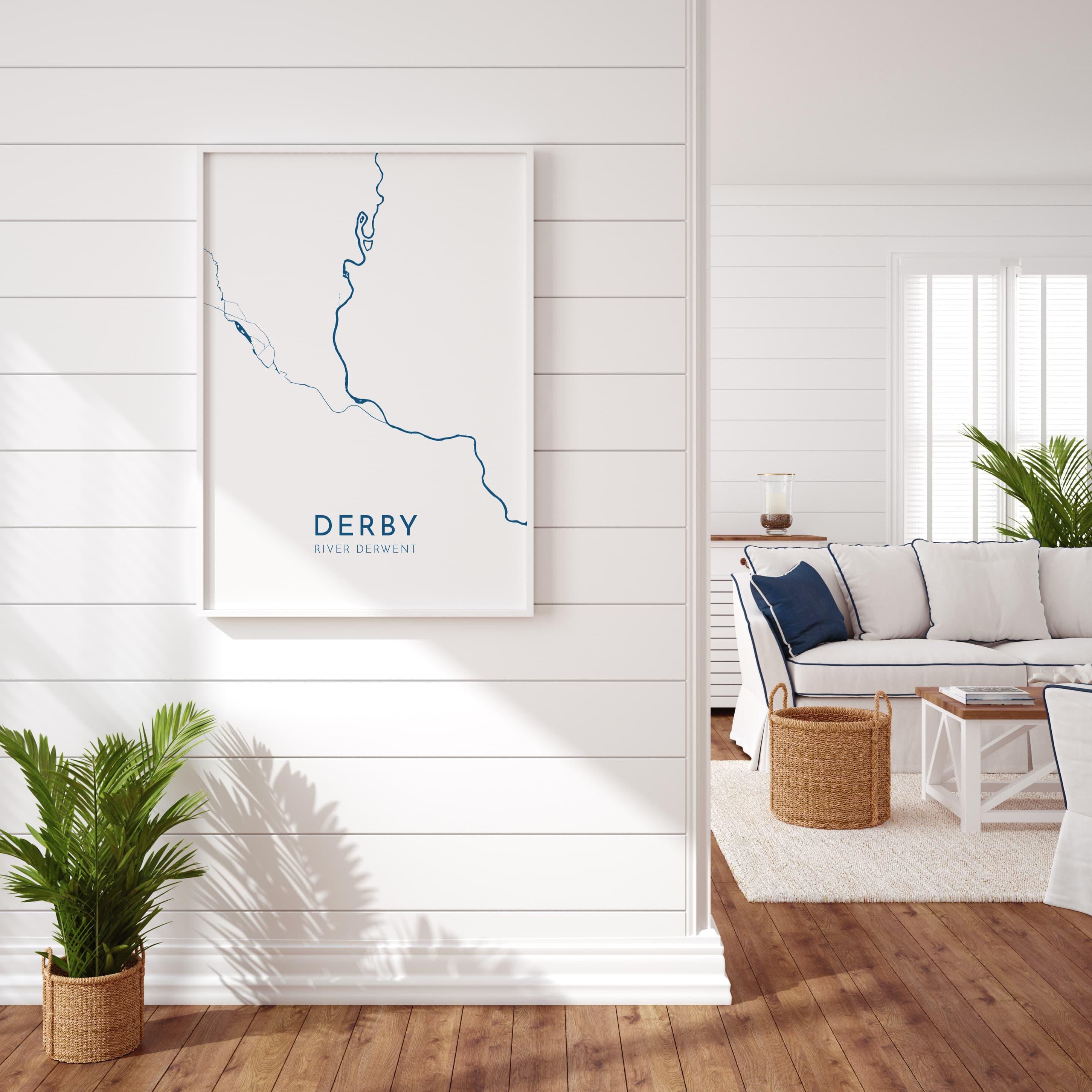 Derby Map Art - River Derwent Map, Derby City Art, Derbyshire Map, Derby UK Map, Nautical Décor, City Map Art, UK Cities