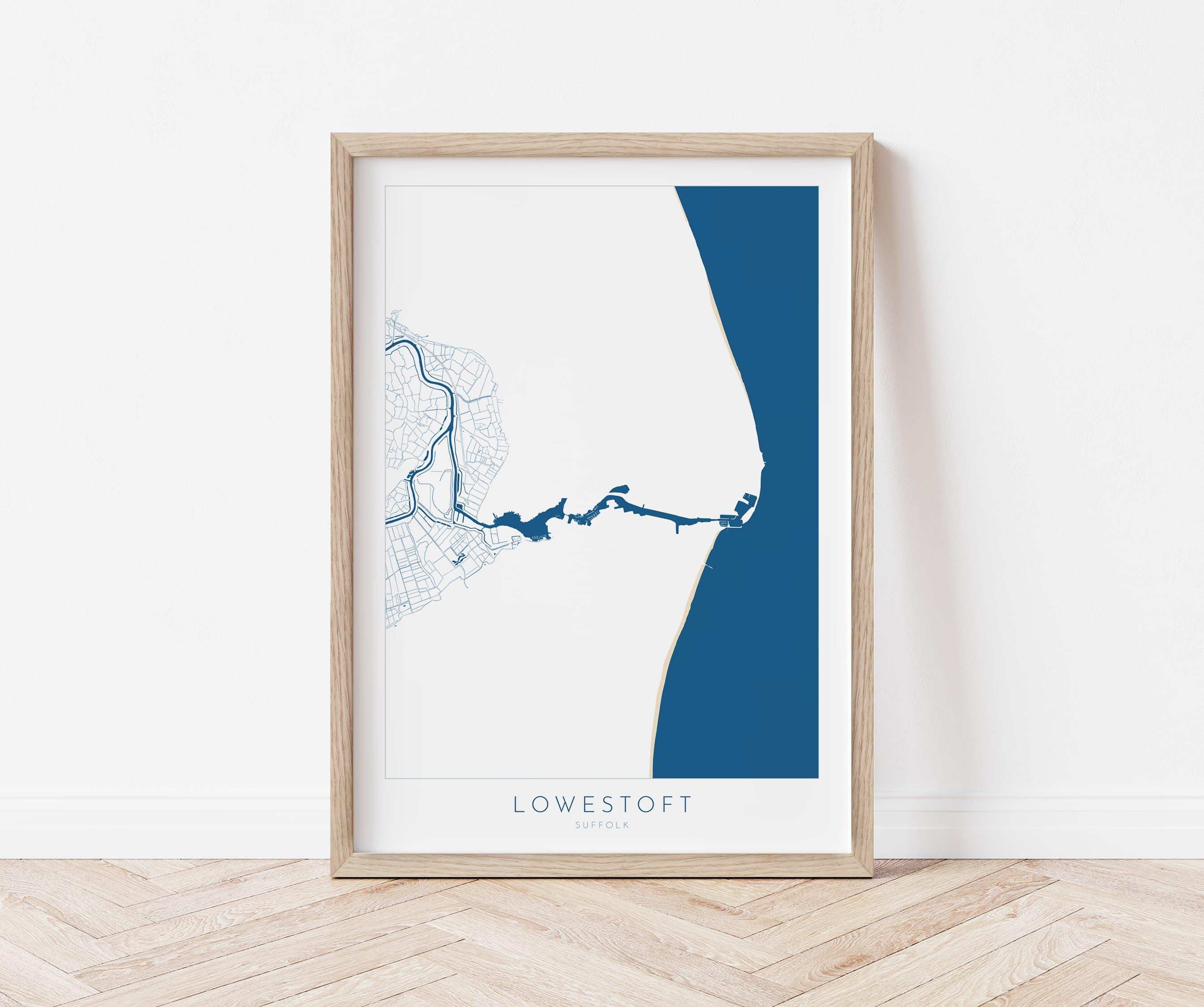 Lowestoft Map - Lowestoft Suffolk Art, Lowestoft UK, Lowestoft Beach, Suffolk Map, Oulton Broad Map Art, River Waveney