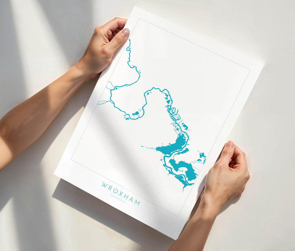 Wroxham Map - Norfolk Broads, Wroxham Norfolk Art Print, Hoveton Map, Norfolk UK, Norfolk Map, Wroxham Broad, Map Art, River Bure