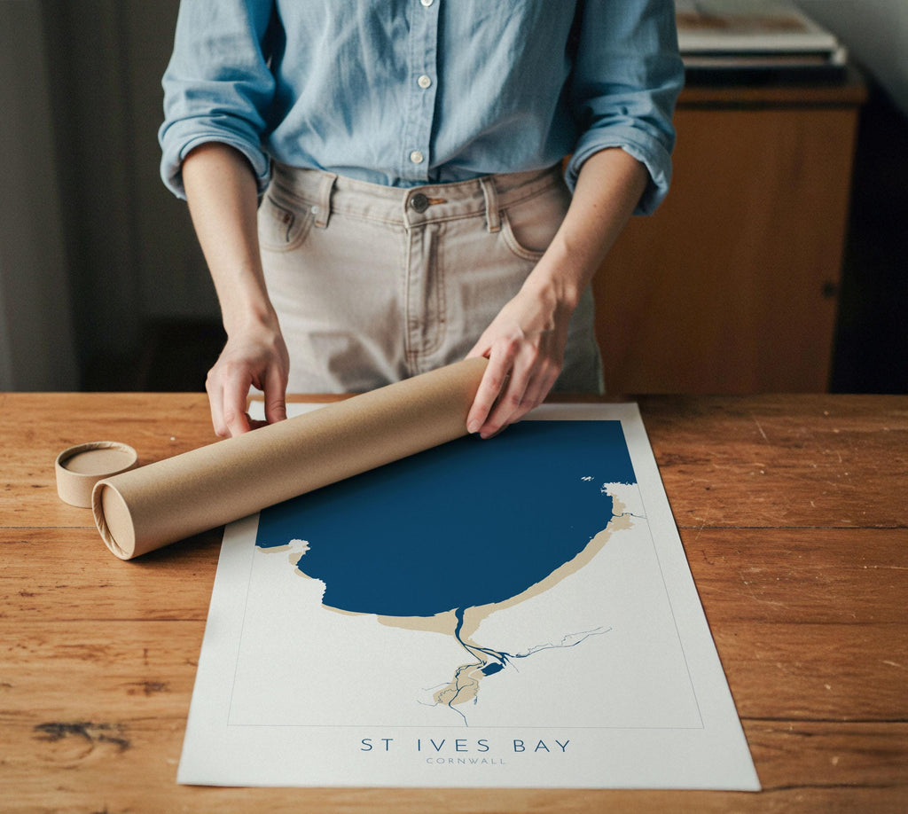 St Ives Bay Map Art - St Ives Beach Print, Hayle Map Art, Carbis Bay Art, Cornwall Beach Art, Cornwall Coast, Southwest Coast Path